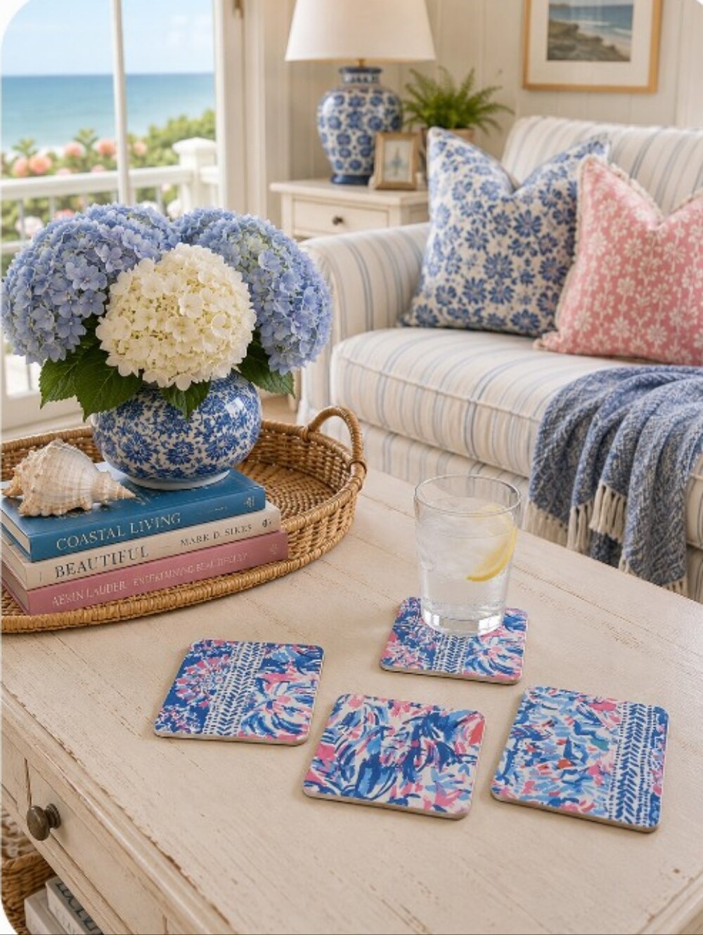 Set Of 4 Handmade Coasters Preppy Beachy Coastal Cottage Entertaining Hostess